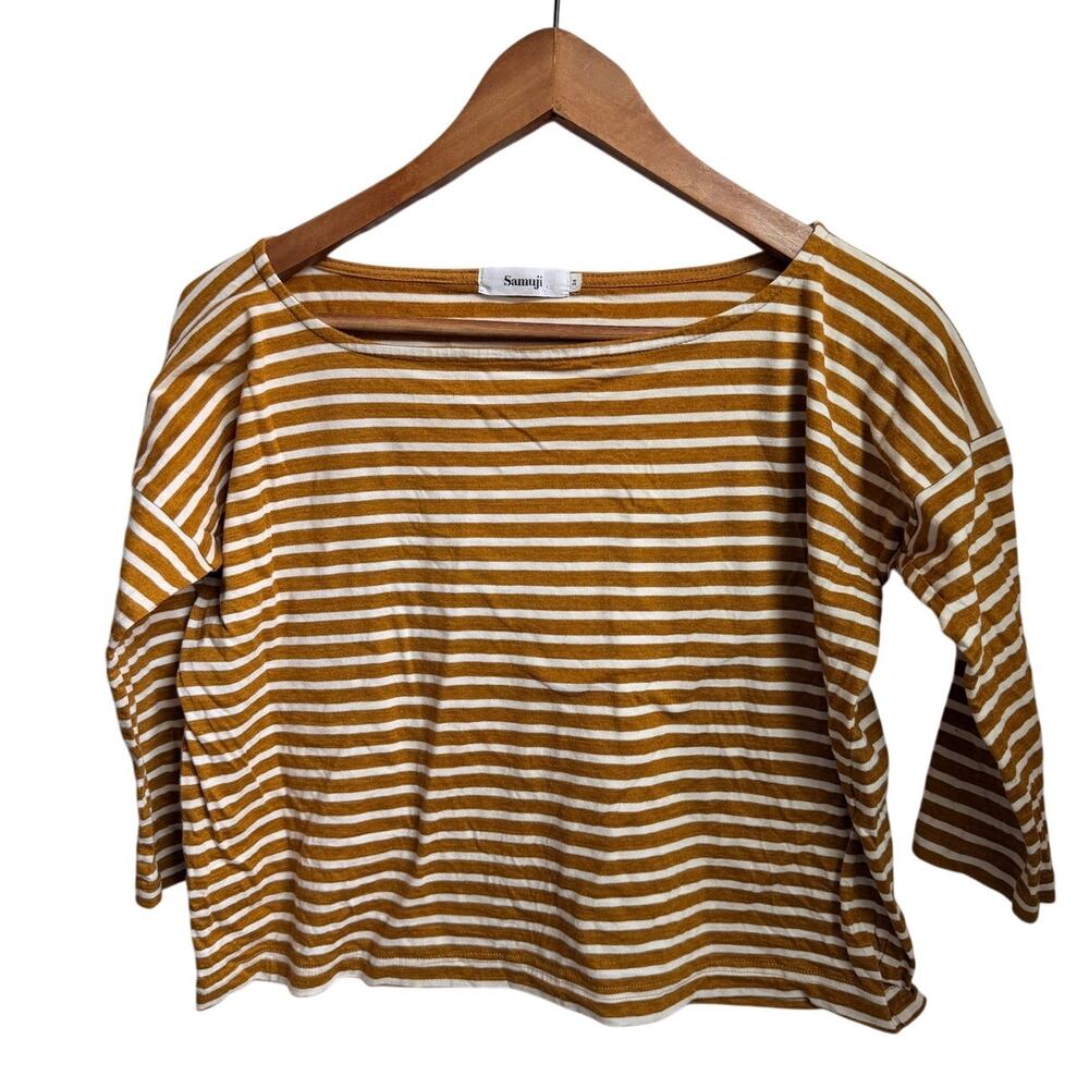 Samuji striped 3/4 sleeve top mustard yellow and white size 34